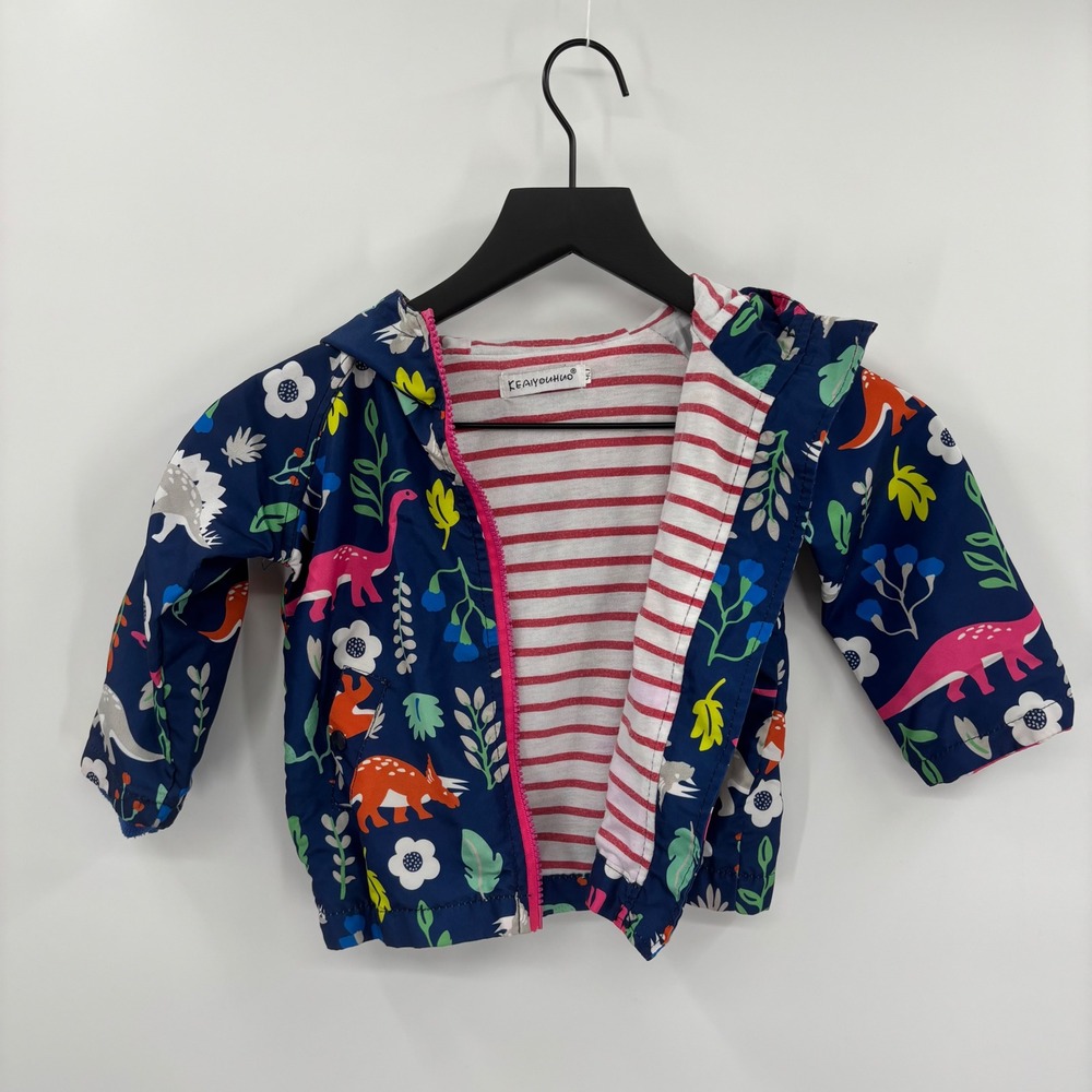 Keaiyounuo Kids Dinosaur Print Hooded Windbreaker Rain Jacket 2T Blue Pink Sz 90 - Picture 2 of 13
